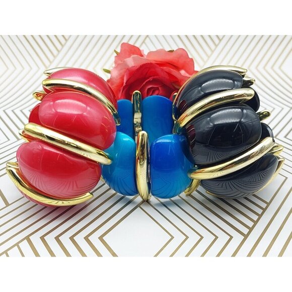 Lot of 3 Acrylic Statement Bracelets Stretch Wide Gold Tone Trim Blue Black Red - Picture 2 of 9